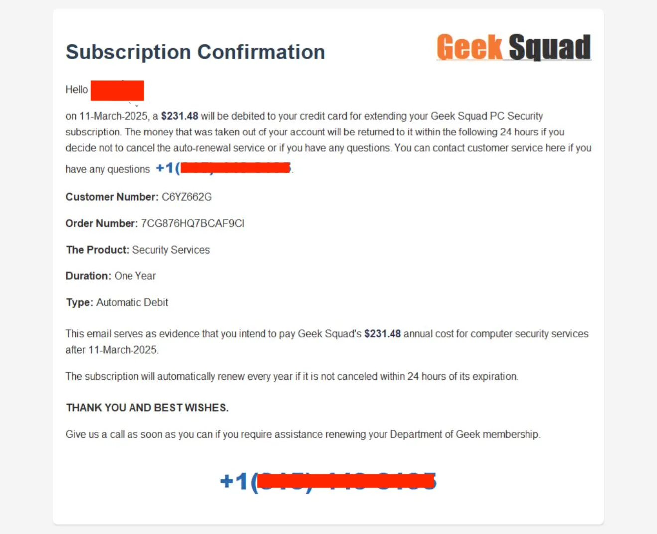 Screenshot of a Geek Squad phishing email from March 2025 claiming the recipient’s credit card has been debited $231.48 for membership fees